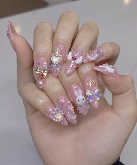 Nail Inspiration With Charms, Gyaru Nails Pink, White Summer Aesthetic, Long Nails Design, Magical Nails, Cute Pink Nails, Long Nail Designs, Simple Acrylic Nails, Girly Acrylic Nails