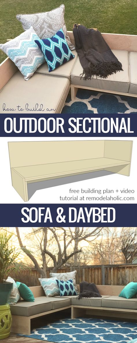 How To Build A Modern Outdoor Sectional Sofa From 2 Sheets Of Plywood #PlywoodPretty | Free building plan and video tutorial @Remodelaholic Diy Outdoor Sectional Sofa, Outdoor Furniture Woodworking Plans, Diy Outdoor Sectional, Modern Outdoor Sectional, Free Building Plans, Outdoor Furniture Plans, Outdoor Couch, Building Plan, Backyard Diy Projects