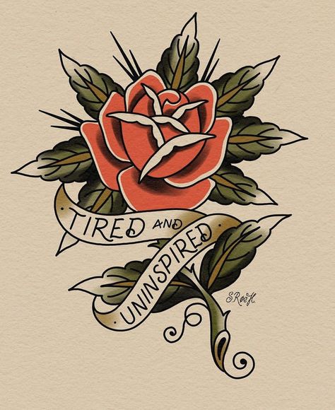 Bread And Roses Tattoo, How To Draw American Traditional Rose, Traditional Rose With Banner Tattoo, Spit Shading, Old School Tattoo Rose, American Traditional Rose Tattoo, Old School Rose Drawing, American Traditional Rose Flash, Traditional Rose Tattoo Flash