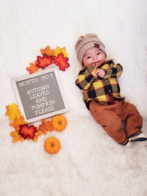 5 months, autumn baby 6 Month Old Thanksgiving Pictures, 4 Month Fall Photoshoot, Baby Fall Letterboard, 10 Months Milestones Photo Ideas, 2 Month Thanksgiving Pictures, Fall One Month Photos, Fall 4 Month Old Baby Pictures, 7 Month Pictures, 7 Months Photoshoot Photo Ideas Baby Boy