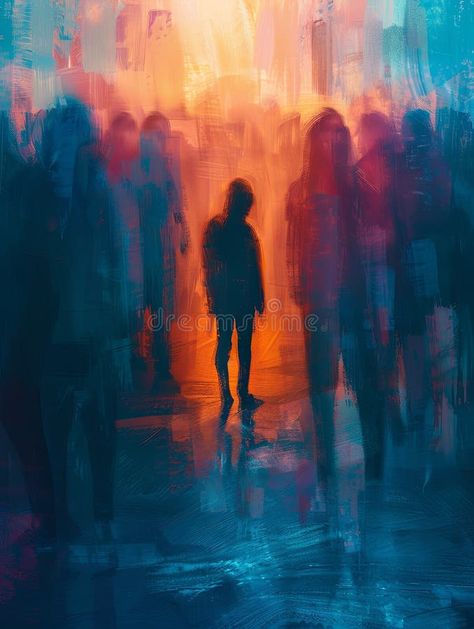 A single person stands alone in a crowded room, their figure silhouetted against a blurred background of brightly lit royalty free stock photos Person In A Crowd Photography, One Person Standing Out In A Crowd, Stand Out From The Crowd Illustration, Alone Paint Ideas, Blurred Painting, Alone In Crowd, Crowd Reference, Drama Background, Crowd Background