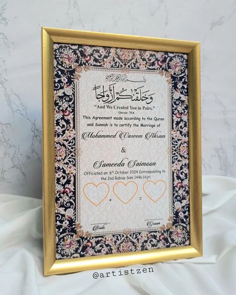 Personalised Nikah Certificate 💫 . . #nikahframes #printednikahcertificate #frames #islamicart Nikah Agreement Frame, Nikah Frame, Nikah Certificate, Wedding Couple Cartoon, Bridal Dress Design, Couple Cartoon, Wedding Couple, Bridal Dress, Dress Design