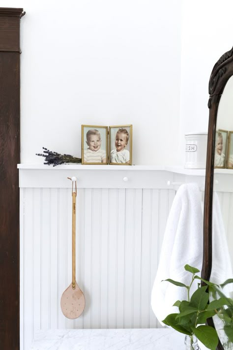 The Grit and Polish - Farmhouse Bathroom Budget Refresh // Beadboard wainscot with shaker peg shelf Shaker Peg Shelf, Peg Shelf, Bathroom Budget, The Grit And Polish, Grit And Polish, Beadboard Bathroom, Wainscoting Bathroom, Shaker Pegs, Budget Bathroom Remodel