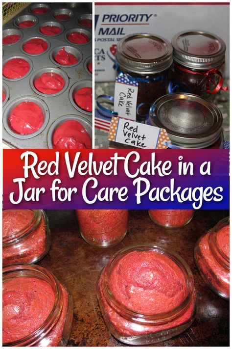 Let's make homemade red velvet cake in jars! Don't be intimidated. This recipe is super simple and it makes a great gift for care packages and shipping to military overseas because it stays fresh for at least a month! Red Velvet Cake In A Jar, Homemade Red Velvet Cake, Shipping Cookies, Friends Recipes, Flourless Cake, Cake In A Jar, Red Cake, Package Ideas, German Chocolate Cake