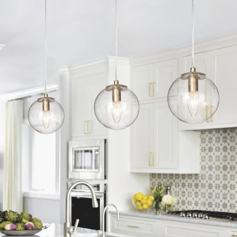 Koini Modern Contemporary Mini Pendant Dimmable LED Globe Glass Kitchen Island Light - 5.5 inches - Bed Bath & Beyond - 35421618 Globe Pendant Lights Over Kitchen Island, White Kitchen Island Lighting, Gold Kitchen Pendant Lights, Glass Kitchen Island, Modern Glam Decor, Kitchen Island Light, Round Pendant Light, White Kitchen Island, Kitchen Island Lighting Pendant