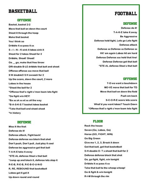 JSA football & basketball chants sheet Cheerleading Chants Football, Basketball Chants Student Section, Sideline Cheer Chants Basketball, Middle School Basketball Cheers, Sideline Cheers For Football, Basketball Cheers And Chants Words, Cheer Chants Basketball, Cheer Chants Cheerleading Football, Basketball Sideline Cheers