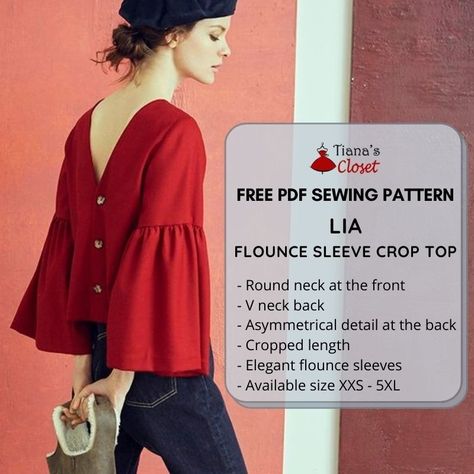 Lia flounce sleeve crop top – Free PDF sewing pattern – Tiana's Closet Chiffon Top Sewing Pattern, Peplum Blouse Pattern, Top Sewing Patterns, Sewing Pattern Blouse, Paper To Print, Raglan Sleeve Pattern, New Dress Pattern, 300 Dollars, Blouse Sewing Pattern