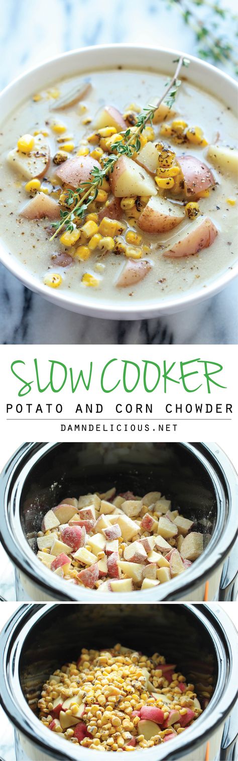 Veganize Slow Cooker Potato and Corn Chowder - The easiest chowder you will ever make. Throw everything in the crockpot and you're set! Easy peasy and so cozy! Potato And Corn Chowder, Macncheese Recipe, Slow Cooker Potato, Potato Corn Chowder, Slow Cooker Potatoes, Crockpot Cooking, Corn Chowder, Crock Pot Soup, Slow Cooker Meals