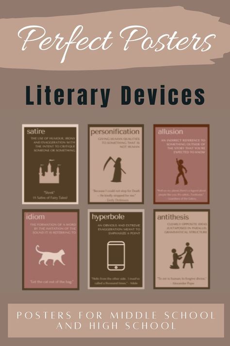 30 vibrant and bold posters that perfectly depict 29 different literary terms. The simple and modern design of these posters is geared toward middle and high school. No cutesy graphics here! This product includes posters to define most literary devices and if these do not suit your classroom, please check out ALL of my collections for "Perfect Posters" including metaphors, similies, alliteration, personification, paradox and many more! Classroom Posters High School, Literary Devices Posters, High School Posters, English Classroom Posters, Literary Terms, Literary Devices, Ela Classroom, Teaching Inspiration, English Classroom