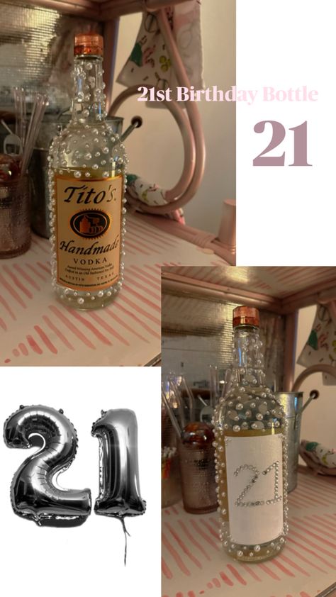 21st Decorated Tito’s Bottle! Small 21st Birthday Ideas, Boy 21st Birthday Ideas, 21st Birthday Trip, 21st Birthday Decor, 21st Birthday Party Ideas, 21st Birthday Boy, 21st Birthday Ideas, Bedazzled Bottle, 21st Birthday Decorations