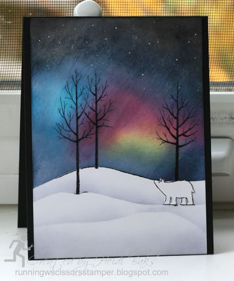 Northern Lights Card, Fall Paintings, Sponging, Homemade Birthday Cards, Beautiful Christmas Cards, The Friday, Xmas Card, Tree Cards, Drawing Projects