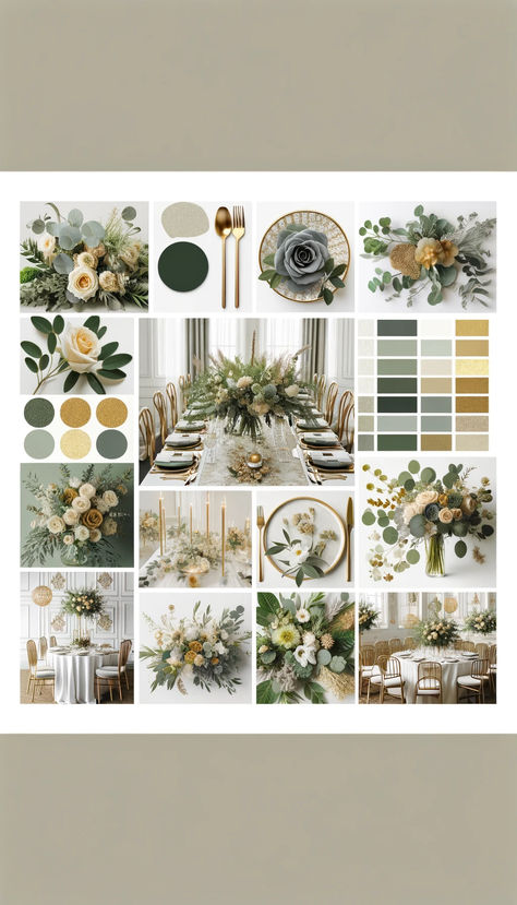 Elegant sage green and gold wedding decor, blending lush foliage with luxurious accents. #WeddingDecor Outside Sage Green Wedding, Army Green And Beige Wedding, Olive And Gold Wedding Decor, Sage Gold Black Wedding, Eucalyptus Gold Wedding, Greens And Gold Wedding, Champagne Green Black Wedding, Sage Green White And Gold Wedding Theme, Sage Green And Gold Wedding Flowers