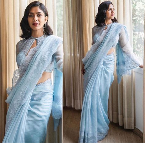 Full Sleeve Blouse Designs Saree, Pastel Sarees, Blue Organza Saree, Mrunal Thakur, Saree Ideas, Simple Saree Designs, Blue Organza, Designer Outfit, New Saree Blouse Designs