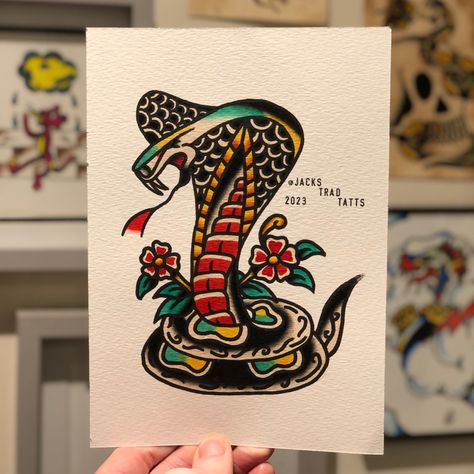 Traditional Cobra Tattoo, King Cobra Tattoo, Traditional Tattoo Flash Art, Cobra Tattoo, Colour Tattoo, Traditional Tattoo Inspiration, Old Scool, Nyc Tattoo, Tattoo Reference