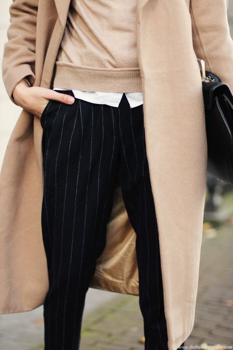 Black Pinstripe Pants Outfit, Pin Stripe Pants Outfit, Pinstripe Pants Outfit, Agent Scully, Stripe Pants Outfit, Style Parisienne, Autumn Clothing, Beige Outfit, Neutral Style