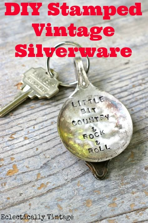 a DIY Stamped Silver Spoon Keychain - these are so cute! I think this idea could also be used as a pendant. Metal Stamping Projects, Metal Stamping Diy, Silverware Crafts, Silverware Art, Spoon Art, Metal Stamped Jewelry, Silverware Jewelry, Spoon Jewelry, Stamp Projects