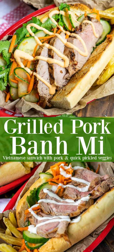 Pork tenderloin marinated & grilled to perfection is the star of this authentic Vietnamese Pork Banh Mi sandwich. The grilled pork is topped with crunchy quick pickled veggies, cilantro, and spicy or sweet mayo is served on crunchy french baguette | theschmidtywife.com | #ad #recipe #pork #sauce #authentic #Vietnam #breads #pickledcarrots #mayonnaise #streetfood #grilled #porktenderloinrecipes #porktenderloin #sandwich Pork Banh Mi Sandwich, Banh Mi Sandwich Recipe, Quick Pickled Veggies, Pork Banh Mi, Wife Recipes, Quick Pickled Vegetables, Vegetarian Sandwich Recipes, Pork Tenderloin Sandwich, Slow Cooked Pulled Pork