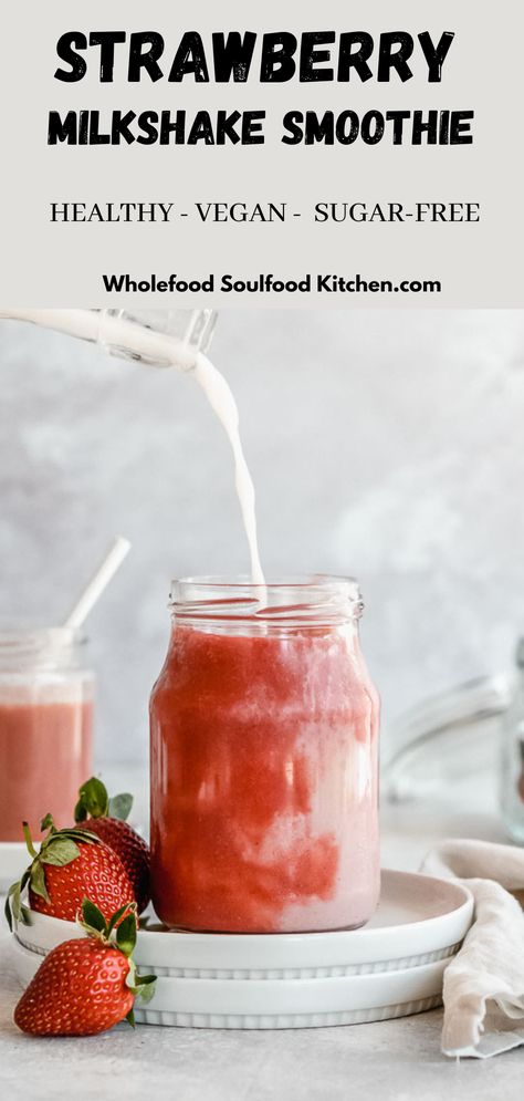 This delicious Cold Strawberry Milkshake Smoothie consists of frozen strawberries and plant milk and is naturally sweetened with dates - so it's low sugar & vegan! It's super easy & quick to make since it contains only 3 ingredients. This refreshing smoothie that can be enjoyed all year round but tastes specifically good during summer! Milkshake Without Ice Cream, Dairy Free Milkshake, Sugar Free Smoothies, Vegan Breakfast Smoothie, Milkshake Smoothie, Plant Based Smoothies, Vegan Drinks Recipes, Low Calorie Smoothies, Vegan Summer Recipes