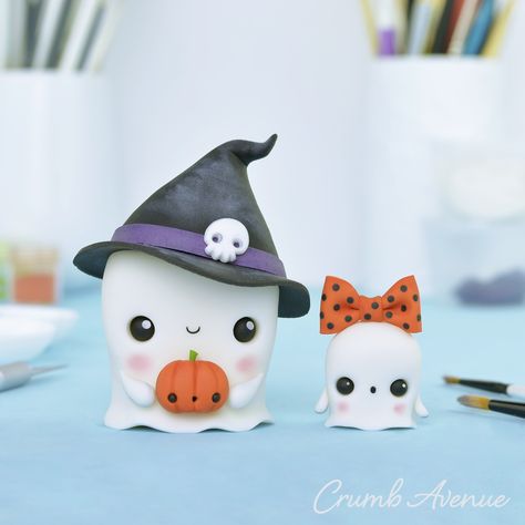 ghost, cute, kawaii, cake topper, fondant, simple, easy, modelling, witch hat, pumpkin, trick or treat, spooky, too cute to spook, kids, fun, project, idea, clay, inspiration, cake decorating, sugar craft, Crumb Avenue Fimo Kawaii, Crea Fimo, Ghost Cake, Polymer Clay Halloween, Halloween Clay, Cake Topper Tutorial, Adornos Halloween, Polymer Clay Diy, Fondant Figures