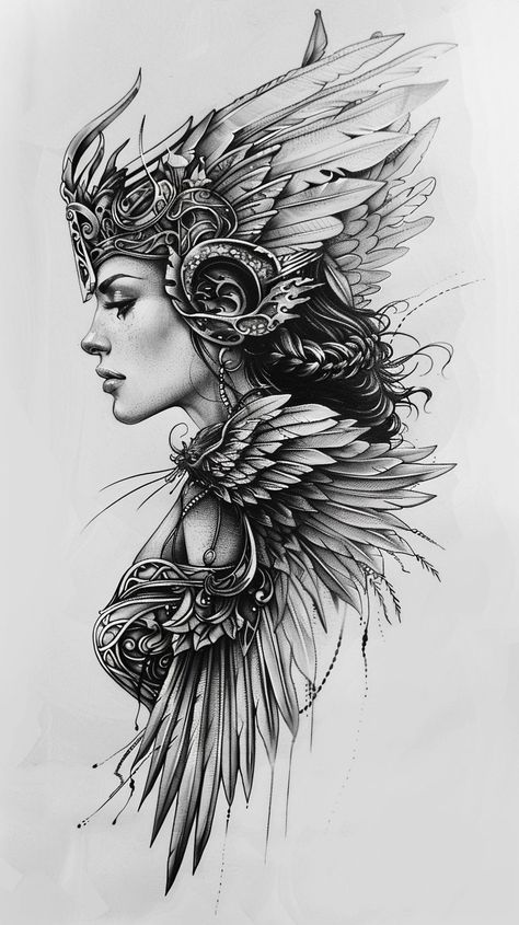 Womens Armor Tattoo, Female Valkyrie Tattoo, Valkyrie Tattoo For Women, Furies Tattoo, Valkyrie Tattoo Woman Female Warriors, Women Warrior Tattoo, Underarm Tattoo Women, Freyja Tattoo, Viking Sketch