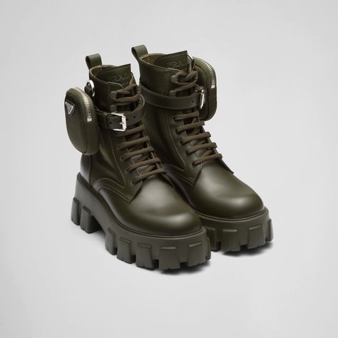 Military Green Monolith leather and nylon fabric boots | Prada Boots With Pouch, Prada Combat Boots, Prada Monolith, Prada Runway, Industrial Fabric, Fabric Boots, Lettering Logo, Military Boots, Triangle Logo