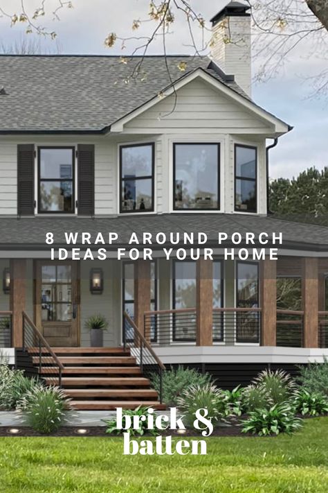 When it comes to outdoor living, a wrap around porch is the dream of many homeowners. Check out some of our favorite wrap around porch ideas, from simple updates that make a big difference to designs visualized from scratch: https://bit.ly/47R39JN Wrap Around Porch Remodel, Add Wrap Around Porch To House, Wrap Around Porch Landscaping, Wrap Around Porch House Plans, Wrap Around Porch Ideas, Farmhouse With Wrap Around Porch, Single Story House Plans, House Wrap Around Porch, House With Wrap Around Porch