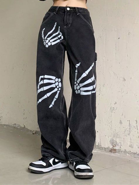 Hand Skeleton Print Boyfriend Jeans Boyfriend Jeans Black, Custom Jeans Diy, Jean Diy, Hand Skeleton, Jeans Online Store, Diy Jeans, Custom Jeans, Painted Jeans, Skeleton Print