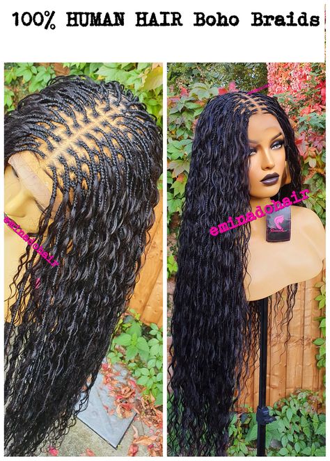 Human Hair Boho Knotless, Knotless Braided Wig, Wet And Wavy Hair, Boho Knotless Braids, Braids Wigs, Boho Knotless, Box Braid Wig, Braided Wigs, Frontal Hairstyles