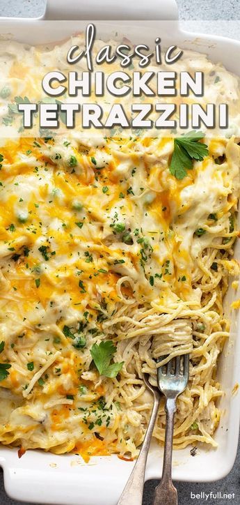 This Chicken Tetrazzini is easy, creamy, cheesy, delicious and loved by everyone! It's classic comfort food and a perfect dinner for the entire family. Great make-ahead meal and freezer-friendly, too. Chicken Tetrazzini Easy, Easy Chicken Tetrazzini, Chicken Freezer, Chicken Tetrazzini Recipes, Chicken Freezer Meals, Chicken Tetrazzini, Perfect Dinner, Make Ahead Meals, Freezer Friendly