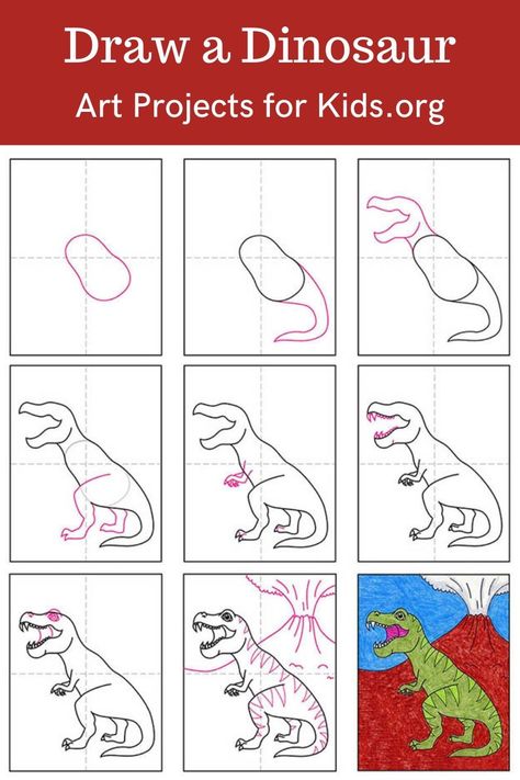 Learn how to draw a Dinosaur with an easy step-by-step PDF tutorial.    #howtodraw #drawing #drawingtutorial #arttutorial #artprojectsforkids #howtodrawforkids #dinosaur #dinosaurdrawing Drawing A Dinosaur, How To Draw A Dinosaur For Kids, Draw A Dinosaur Easy, Dinosaur Art Projects For Kids, How To Draw Dinosaurs Step By Step, How To Draw A Dinosaur, Dinosaur Art Lesson, Dinosaur Artwork For Kids, Dinosaur Directed Drawing