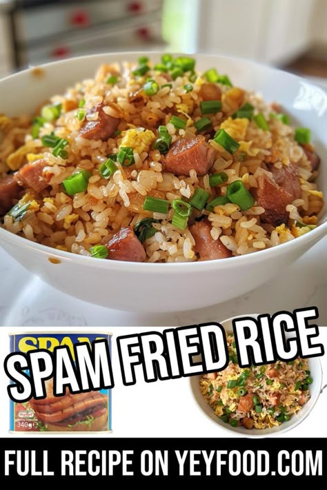 Spam Fried Rice Spam Meals, Spam Fried Rice Recipe, Asian Entrees, Spam Fried Rice, Spam Recipes, Fried Rice Recipe Easy, Fried Breakfast, Asian Meals, Fluffy Rice