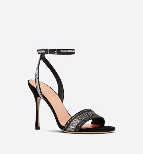 Dway Heeled Sandal Cotton Embroidered with Black Thread and Silver-Tone Strass | DIOR Dior Star, Icon Shoes, Dior Book Tote, Christian Dior Couture, Star Shoes, Dior Couture, Heeled Sandal, Black Thread, Silver Cufflinks