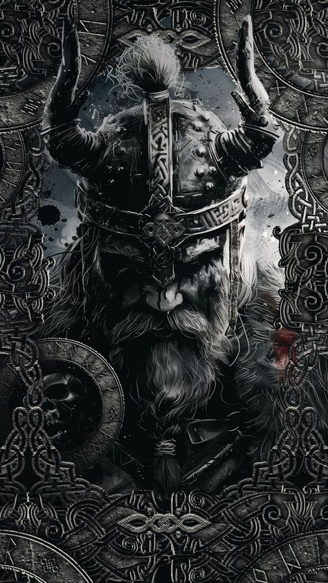 free wallpapers 4K viking, warrior, horns, frame, pattern, art, bw for mobile and desktop Viking Skull Art, Viking Ancestry, Viking Gods, Valkyrie Tattoo, Art Viking, Nordic Aesthetic, Symbole Viking, Norse Myth, Warrior Tattoos