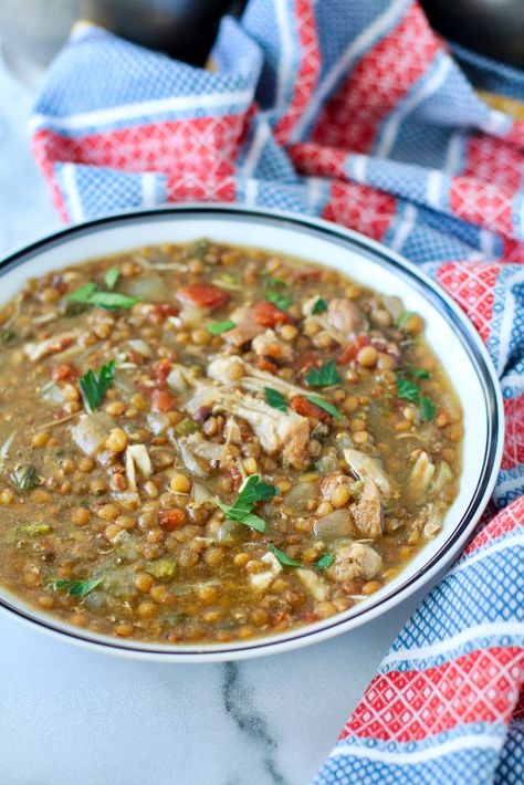 Chicken And Lentil Soup, Lentil Soup Instant Pot, Lentils Instant Pot, Chicken Lentil Soup, Chicken Lentil, Honey Garlic Chicken Thighs, Soup Instant Pot, Lentil Soup Recipe, Lentil Dishes