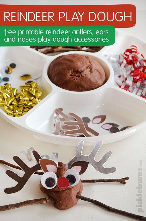 Reindeer Play Dough - free printable antlers, ears and noses and ideas for making fun play dough reindeer! Dear Santa Activities Eyfs, Reindeer Playdough, Reindeer Preschool Crafts, Chocolate Playdough Recipe, Reindeer Free Printable, Build A Reindeer, Chocolate Playdough, Free Printable Reindeer, Recipe Free Printable