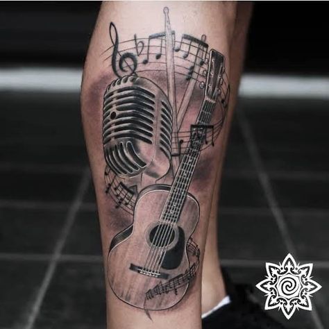 Musical Tattoo Sleeve, Guitar Tattoo For Women Beautiful, Music Leg Tattoo, Rich Tattoo, Mic Tattoo, Rock N Roll Tattoo, Music Lover Tattoo, Tattoo Elbow, Forearm Cover Up Tattoos