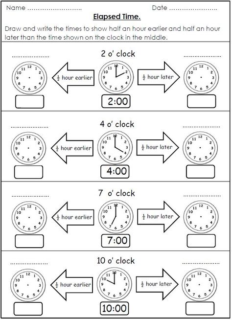 FREE!! Elapsed time using half hour earlier and later than a given time. Time Worksheets Grade 3, Elapsed Time Worksheets, Worksheets 3rd Grade, Clock Worksheets, Telling Time Activities, Telling Time To The Hour, 4th Grade Math Worksheets, Time To The Hour, Telling Time Worksheets