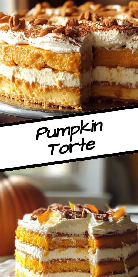 Pumpkin Torte is a delightful autumn dessert perfect for any fall celebration. Layers of rich pumpkin and creamy filling topped with spiced whipped cream capture the essence of the season in every bite. Pumpkin Torte, Autumn Dessert, Spiced Whipped Cream, Cake Bars Recipe, Whipped Cream Topping, Torte Recipe, Pumpkin Spice Cake, Cake Bars, Spice Cake