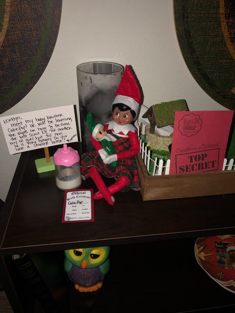 2018 - Baby Brother Elf on the Shelf #elfontheshelf New Baby Elf On The Shelf Ideas, Brother And Sister Elf On The Shelf Ideas, Elf On Shelf Baby Ideas, Elf And Baby Ideas, Elf With Baby Ideas, Elf On The Shelf With Baby Elves, Elf On The Shelf New Baby Brother, Elf On The Shelf New Baby Sister, Introducing Baby Elf On The Shelf