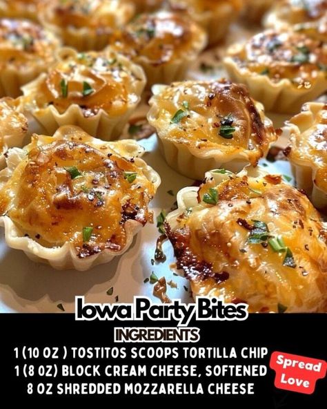 ￼

RECIPE : Iowa Party Bites
Ingredients
1 (10 oz ) tostitos scoops tortilla chips
1 (8 0z) block cream cheese, softened
8 oz shredded mozzarella cheese
1 egg
1 (15 oz) can sweet corn, drained
1 (4 oz) can green chiles, mild or medium
1 teaspoon garlic powder
1 teaspoon salt
½ teaspoon black pepper
½ cup grated parmesan cheese, for tops
How to Make Iowa Party Bites
Preheat oven to 425 degrees F.
Lightly grease two large baking sheets or line them with parchment paper. Tightly arrange chips on the sheets cup side up.
In a large bowl, mix together cream cheese, mozzarella, egg, corn, chiles, garlic, salt, and pepper.
Scoop filling into chips, about 1 tablespoon in each one.
Sprinkle tops with parmesan cheese.
Bake for 13-15 minutes or until tops begin to brown Tostitos Scoops Recipes, Cheap Side Dishes, Tostitos Scoops, Baked Tortilla Chips, Party Bites, Canning Sweet Corn, Shredded Mozzarella, Baking Sheets, 1 Egg