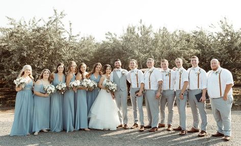 Dusty Blue Groomsmen Attire Vest, Dusty Blue Bridesmaids Grey Groomsmen, Dusty Blue Bridal Party Groomsmen, Dusty Blue Wedding Bridal Party, Dusty Blue Wedding Menswear, Grey And Blue Wedding Party, Bridal Party Dusty Blue, Pale Blue Bridesmaid Dresses With Groomsmen, Slate Blue Bridal Party