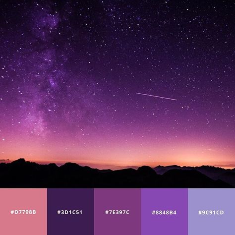 In love with this night sky color scheme 😍⠀ ⠀ #colorscheme #colorpalette #colorpsychology #graphicdesign #visualmedia #visualdesign #visualart #infographic #dataviz #datavisualization #presentation #webinar #designtips #designtools #designevery Purple Sky Color Palette, Night Pallete Color, Galaxy Pallete Color, Night Sky Room, Night Sky Color Palette, Dusk Color Palette, Galaxy Color Palette, Night Color Palette, Galaxy Colors