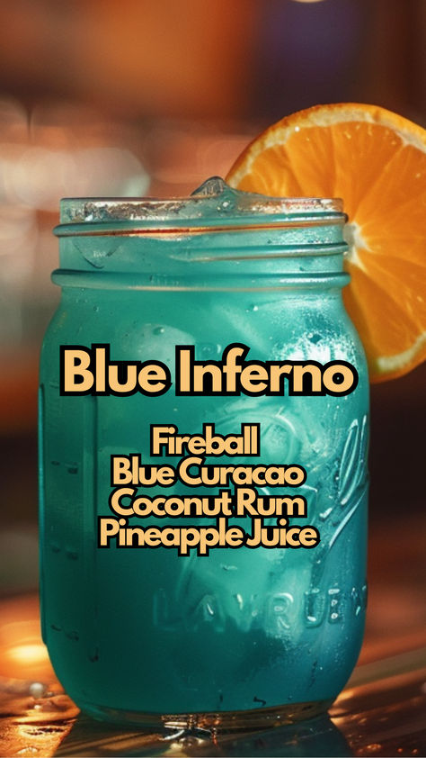 Blue Inferno Rum Drinks Easy Cocktails, Blue Cocktail Recipes, Fun Alcoholic Drinks, Hypnotic Drinks, Fun Alcoholic Drinks For A Party, Blue Curacao Drinks, Fruity Alcohol Drinks, Bartender Drinks Recipes, Bartender Drinks