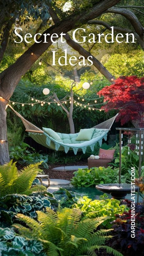 Feeling like your backyard is all show and no serenity? ✨  Imagine a secret garden overflowing with enchanting details and mystical vibes.  Click to unlock secret garden ideas to transform your space into a hidden retreat!    Create a world of wonder with winding paths, climbing vines, and unique plants that whisper secrets in the breeze.  Lanterns casting a soft glow and a comfy nook for quiet contemplation will complete your enchanted escape.  ➡️ Secret Vegetable Garden, Secret Garden Landscaping, Vines In Garden, Mini Secret Garden, Secret Garden Landscape, Backyard Whimsical Garden Ideas, Secret Gardens Backyard, Small Secret Garden Ideas Backyards, Tiny Secret Garden