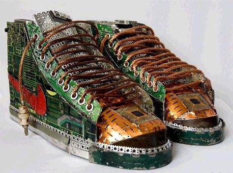 cruxcatalyst: E-Waste Sneakers Waste Art, Old Computer, Computer Parts, Upcycled Art, Sneaker Art, Junk Art, Unique Shoes, Shoe Art, Classic Sneakers