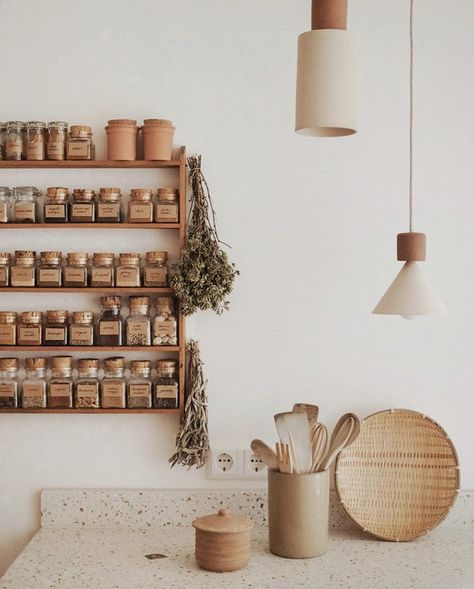 Loose Tea Organization, Aesthetic Pantry, Farmstead Kitchen, Wall Spice Rack, Countertop Spice Rack, Hanging Spice Rack, Interior Design Basics, Ceramic Lighting, Kitchen Vibes