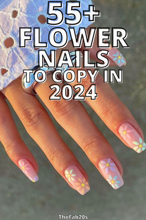 Flower Nails Flower Nails 2024 Trends, Floral Nails 2024 Trends, May Nails Ideas 2024 Flowers, Flower Tip Nail Designs, Nail Art Summer Flowers, Flowered Nails Designs, Nail Art Designs With Flowers, Negative Space Flower Nails, Nail Ideas With Stickers