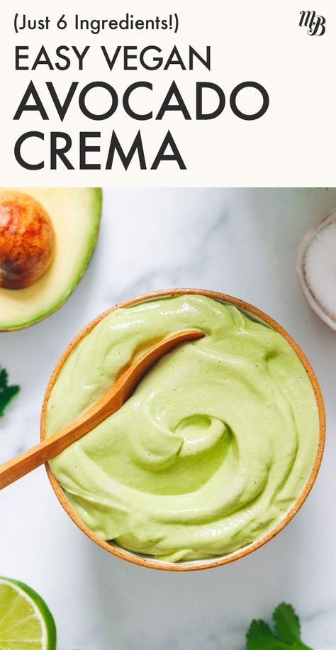 Our Avocado Crema is a delicious, versatile, ultra-springy topping for tacos, enchiladas, bowls, salads, and MORE! The best part? Only 25 MINUTES, 6 INGREDIENTS, and 1 BLENDER required to make it. Use up those ripe avocados and get your crema on! Chipotle Tofu, Sour Cream Substitute, Bbq Beans, Avocado Crema, Diy Food Gifts, Sweet Potato Black Beans, Vegan Recipes Videos, Minimalist Baker, Natural Food Coloring