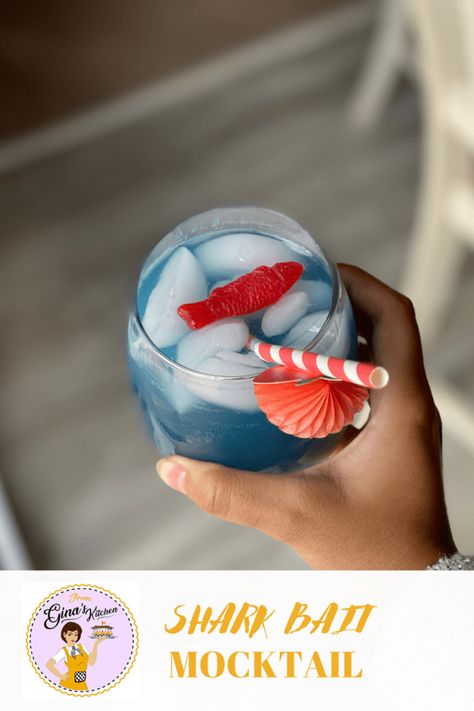 Shark Drinks Alcohol, Shark Mocktail, Shark Bite Drink, Blue Hawaiian Mocktail, Blue Hawaii Mocktail Drink, Kids In The Kitchen, Shark Bait, Swedish Fish, Lemon Lemonade