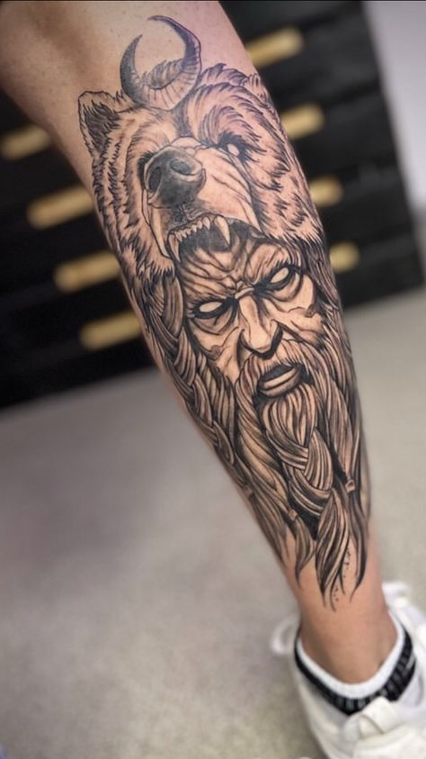 Human Face Tattoo, Leg Tattoos For Men, Black Bear Tattoo, Viking Tattoos For Men, Leg Band Tattoos, Calf Tattoo Men, Bear Tattoo Designs, Shin Tattoo, Full Leg Tattoos